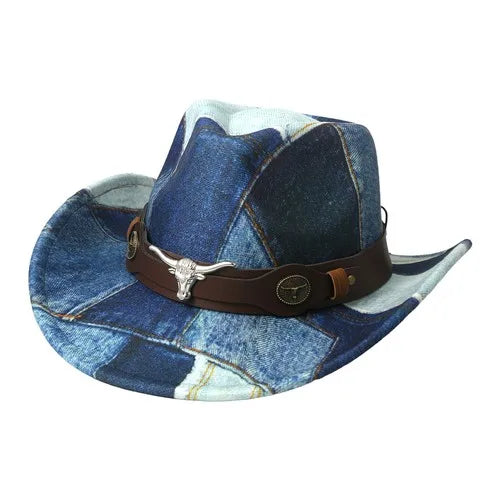 Denim Patchwork Western Cowboy Hat PU Leather Band