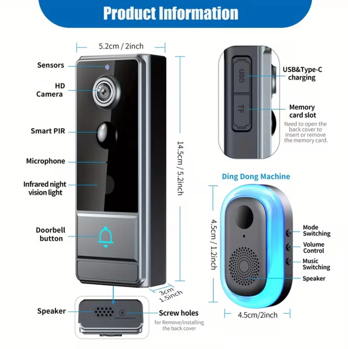 XBIBI Wireless Smart Video Doorbell With PIR Motion Detection