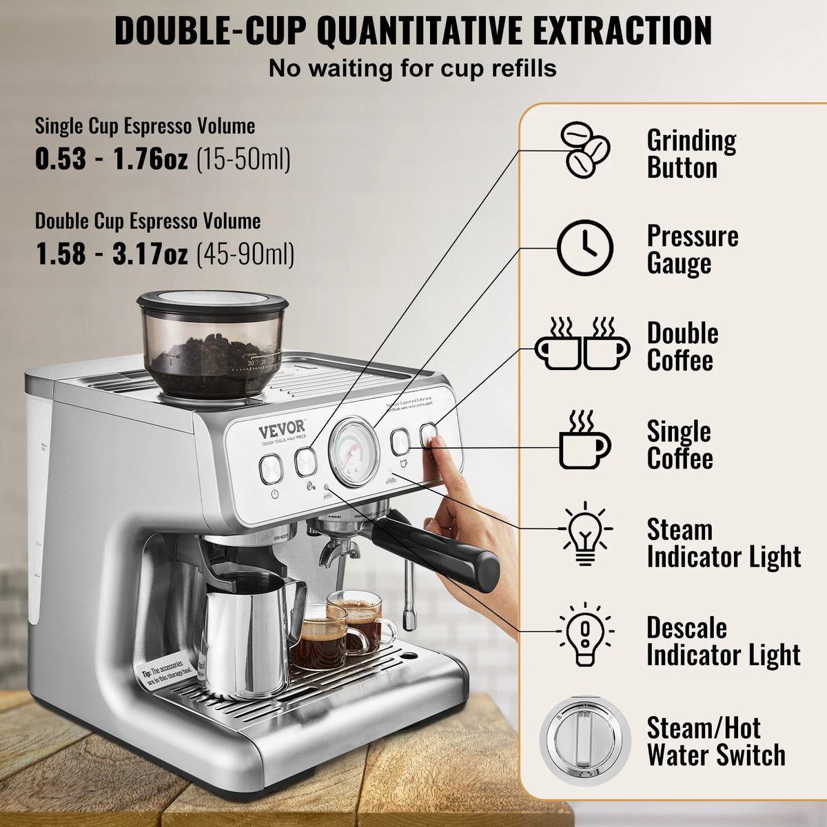 Vevor Automatic Espresso Machine Grinder Steam Wand Milk Frother