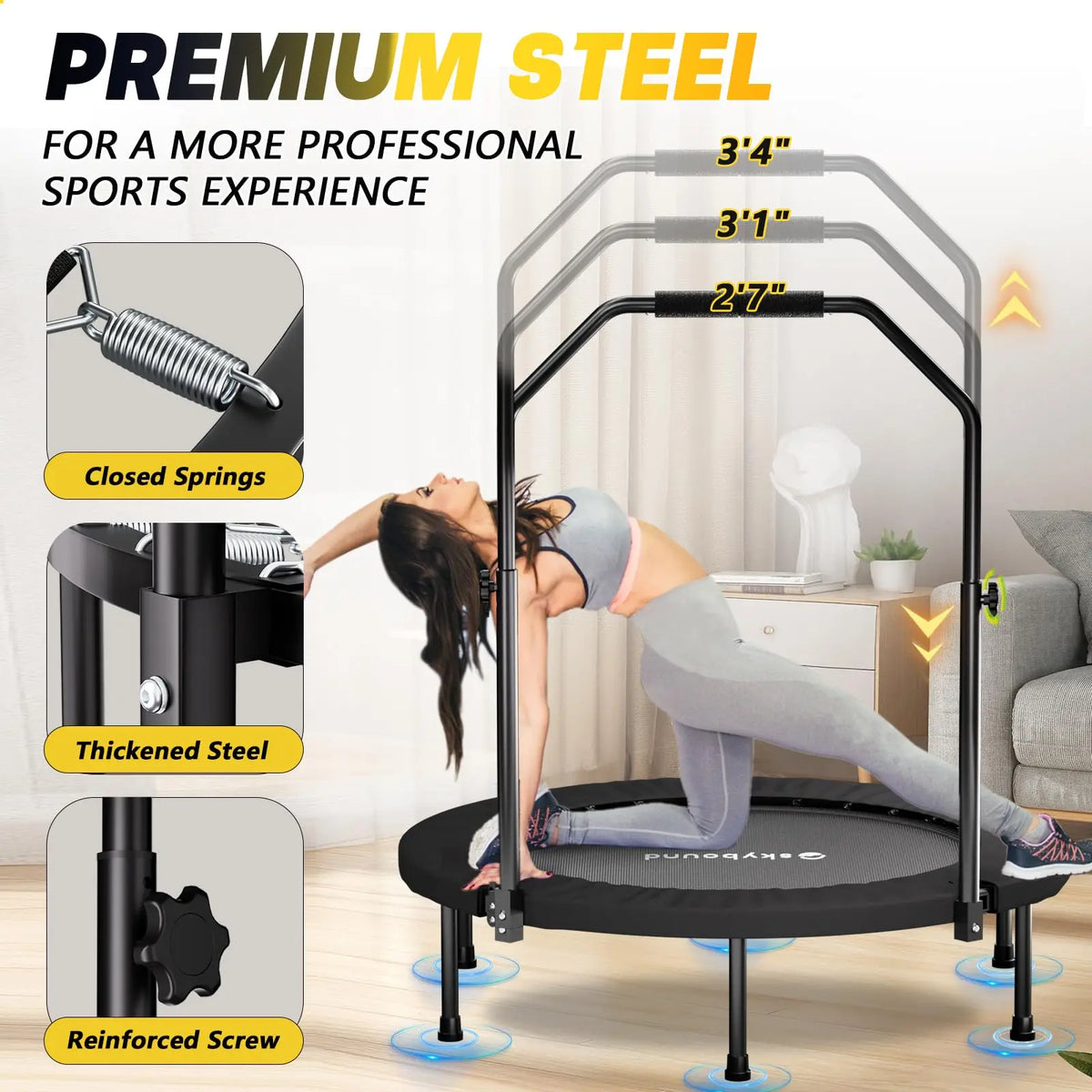 Foldable Rebounder Trampoline for Adults With Adjustable U Bar Handle