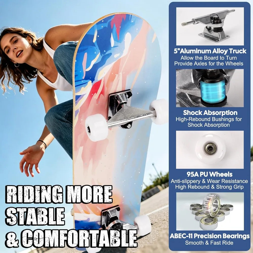 Maple Complete Skateboard For Beginners With Double Kick Concave
