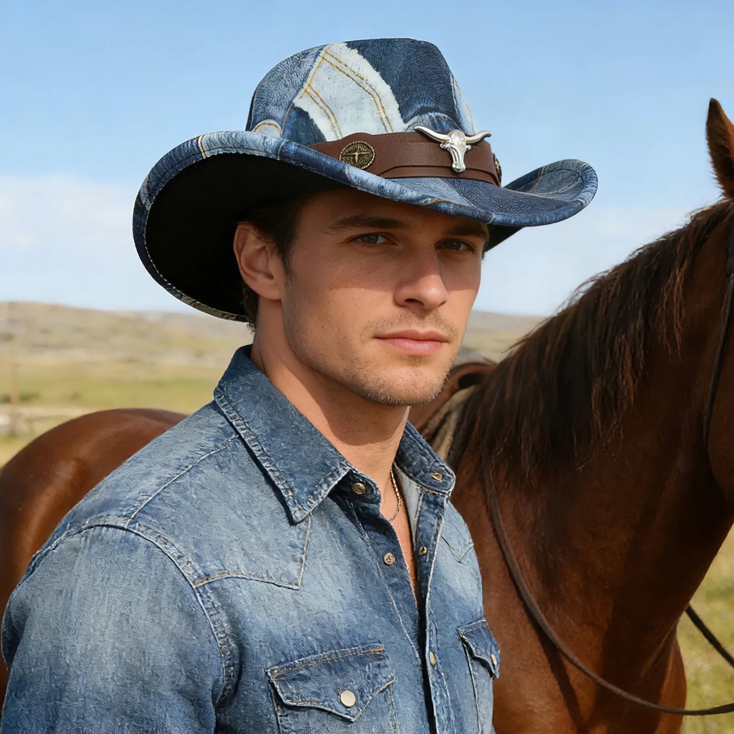 Denim Patchwork Western Cowboy Hat PU Leather Band