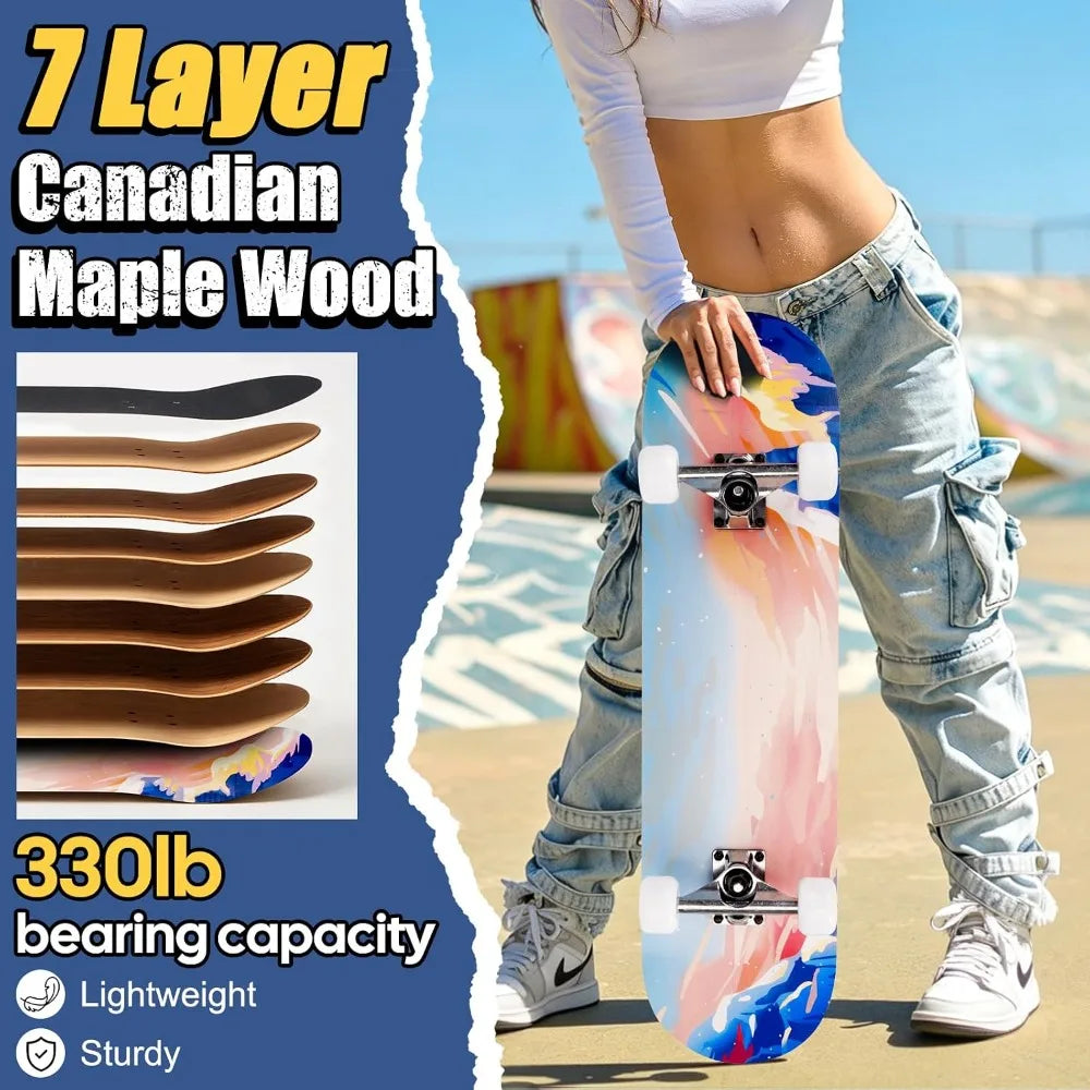 Maple Complete Skateboard For Beginners With Double Kick Concave
