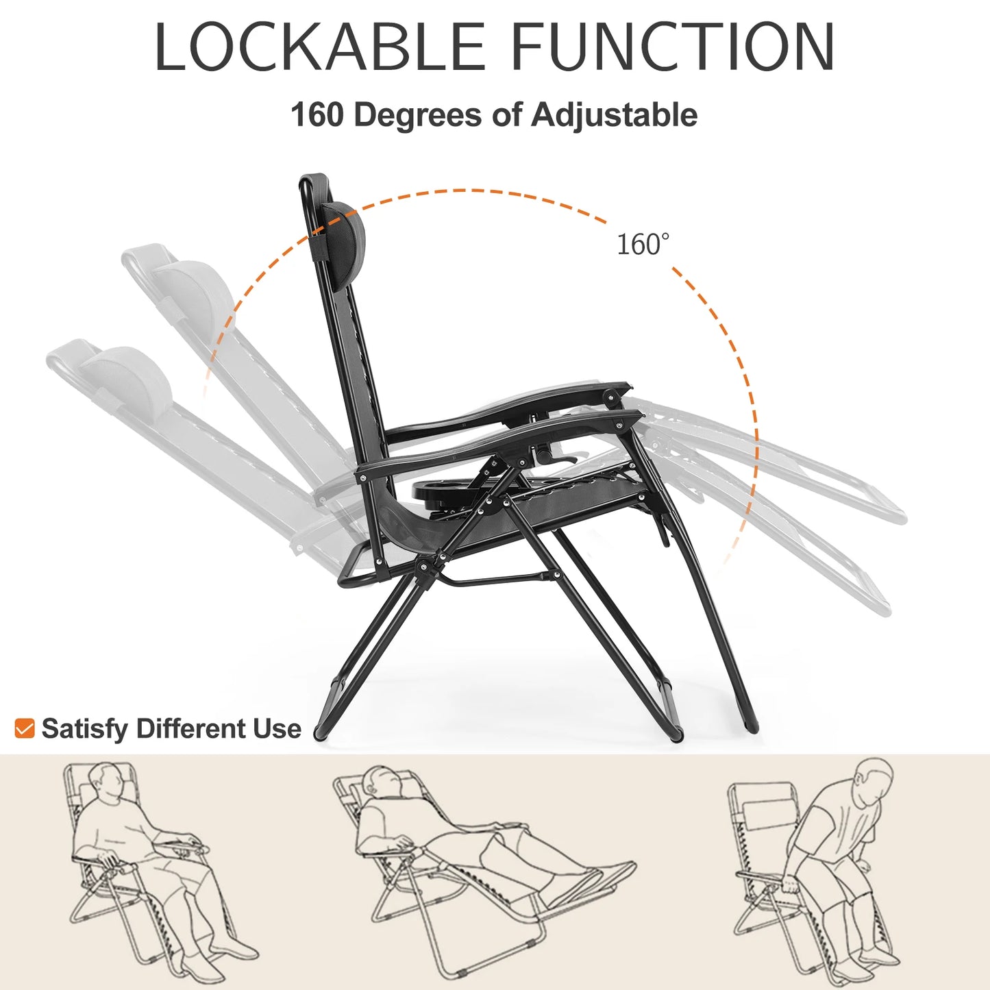 JHK Zero Gravity Portable Recliner With Cup Holder Outdoor Lounge
