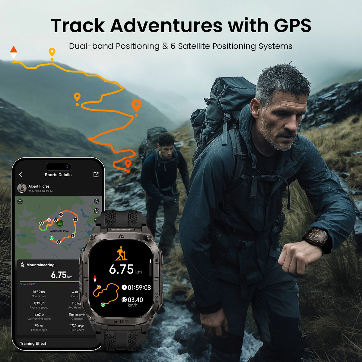 Kospe Tank M4C GPS Smartwatch For Men 5ATM Waterproof