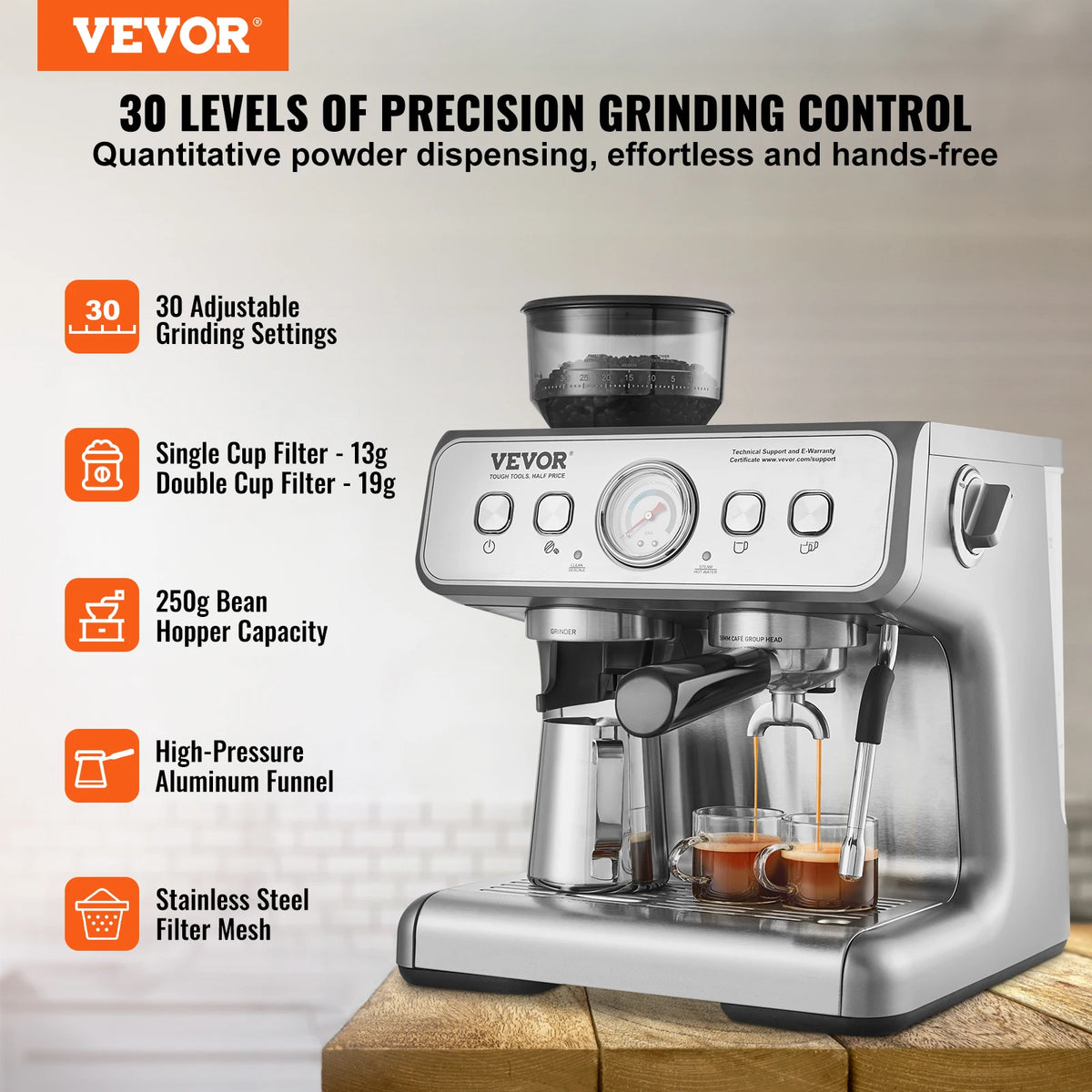 Vevor Automatic Espresso Machine Grinder Steam Wand Milk Frother
