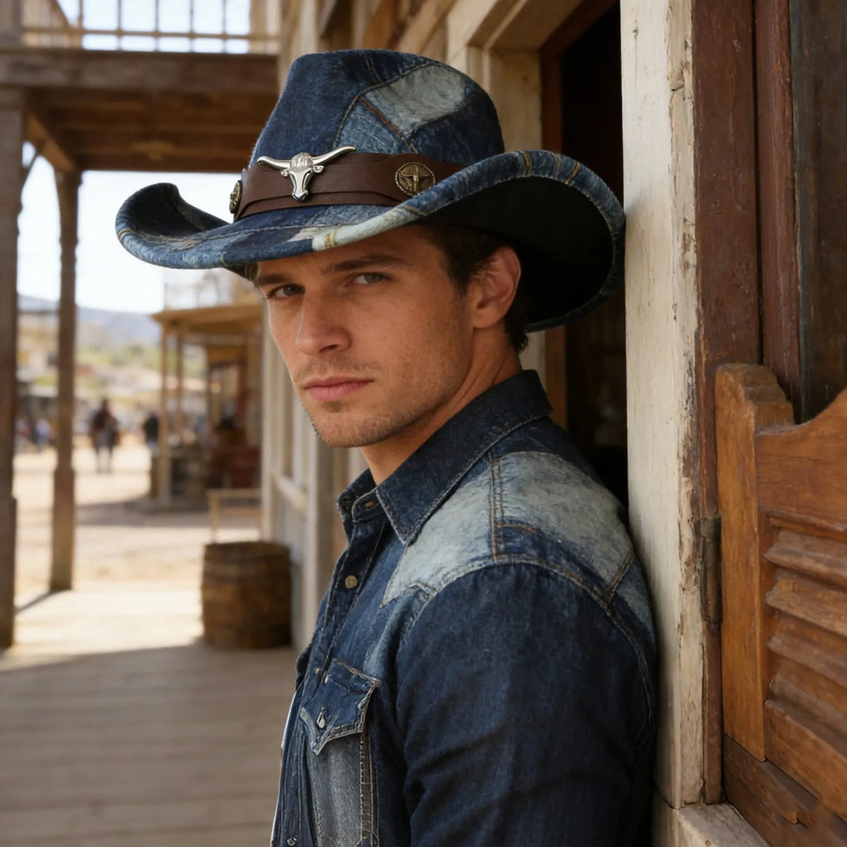 Denim Patchwork Western Cowboy Hat PU Leather Band
