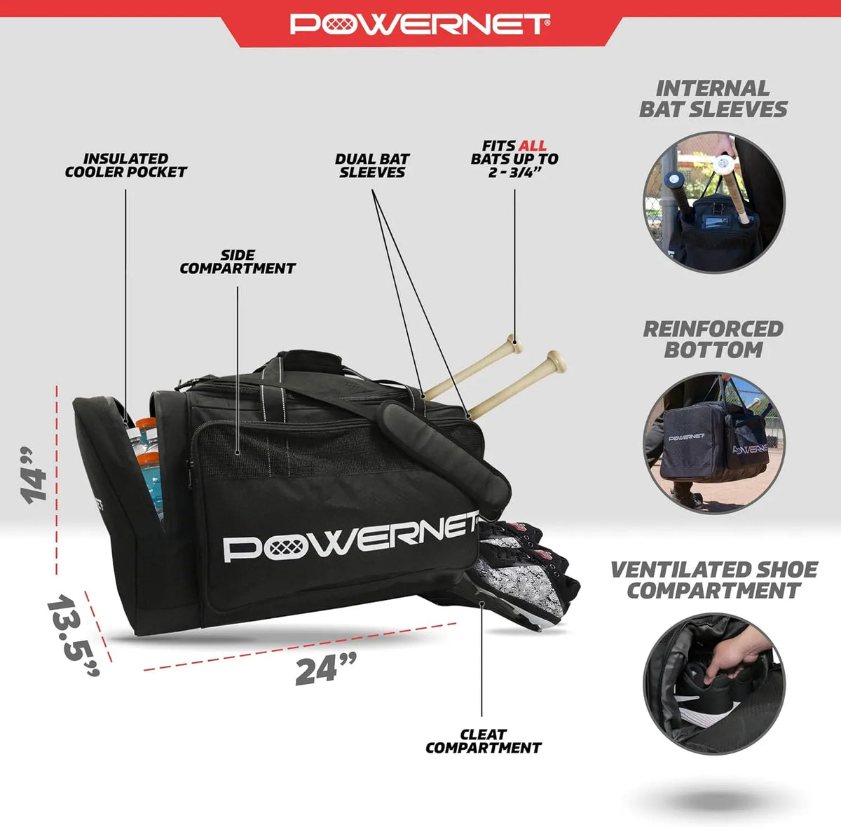 Duffle Bag For Baseball And Softball Gear With Bat Sleeves
