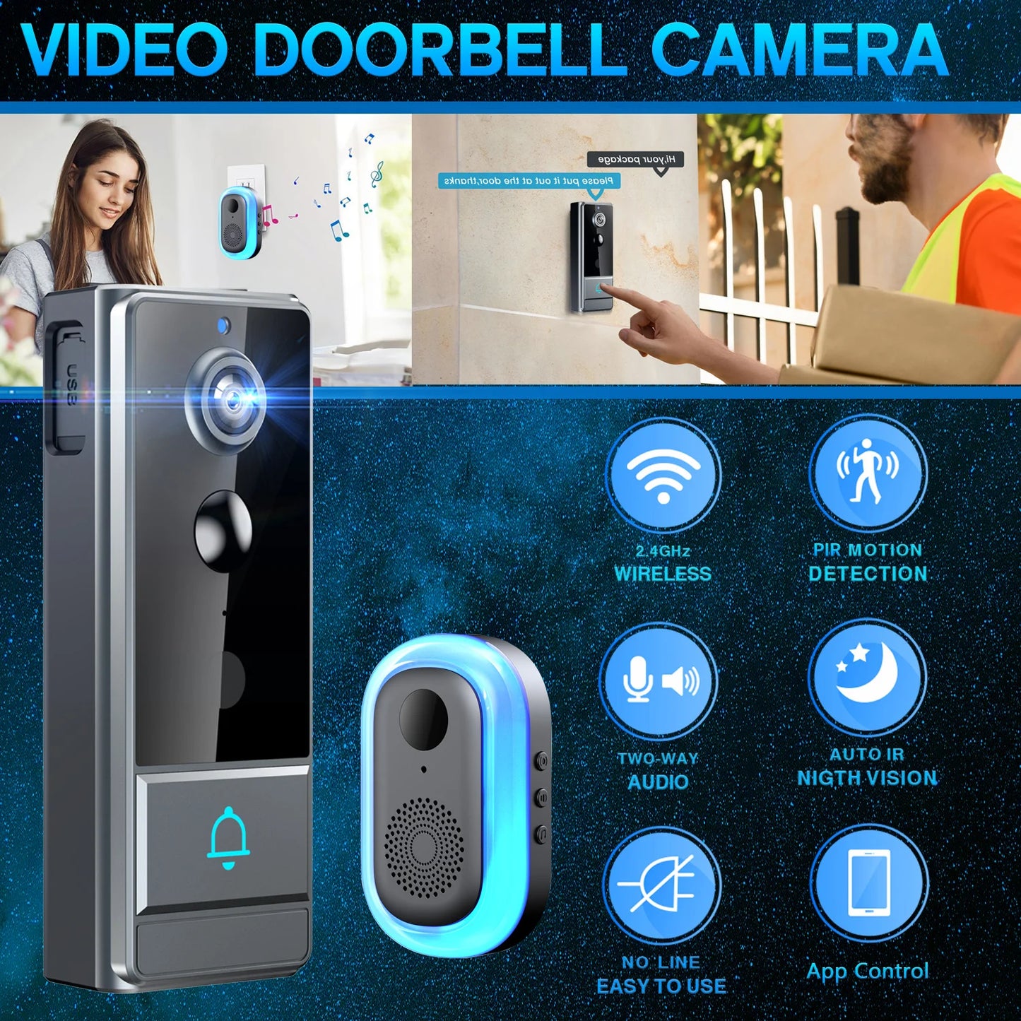 XBIBI Wireless Smart Video Doorbell With PIR Motion Detection