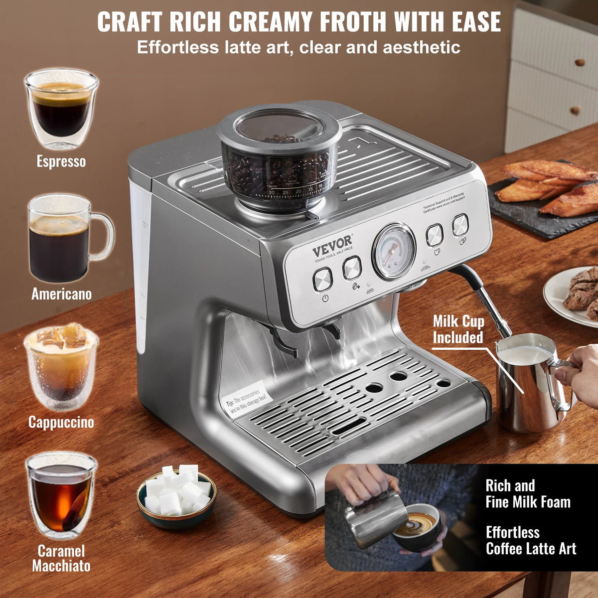Vevor Automatic Espresso Machine Grinder Steam Wand Milk Frother
