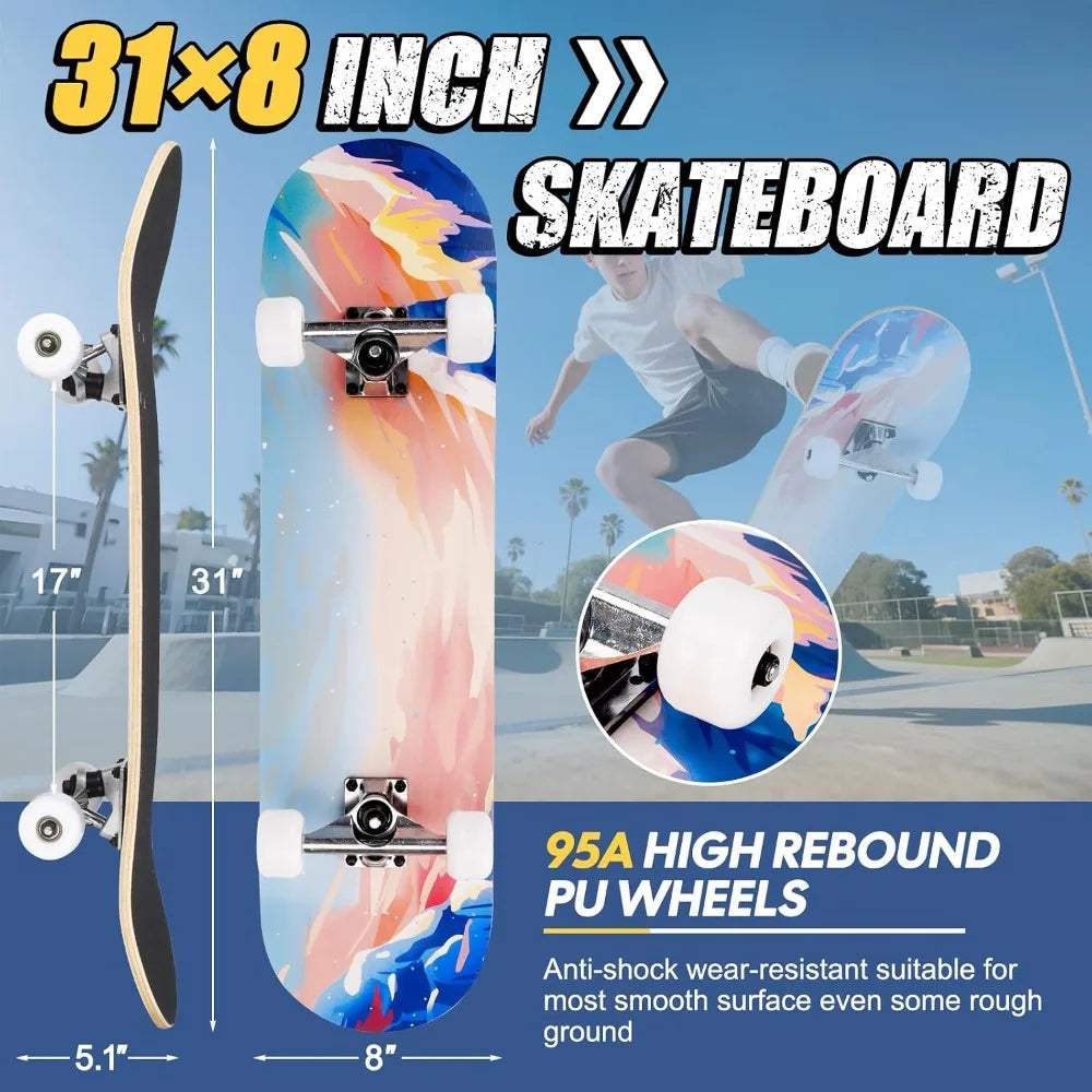 Maple Complete Skateboard For Beginners With Double Kick Concave