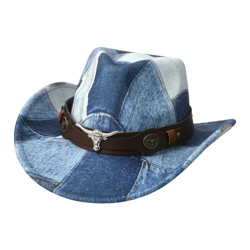 Denim Patchwork Western Cowboy Hat PU Leather Band