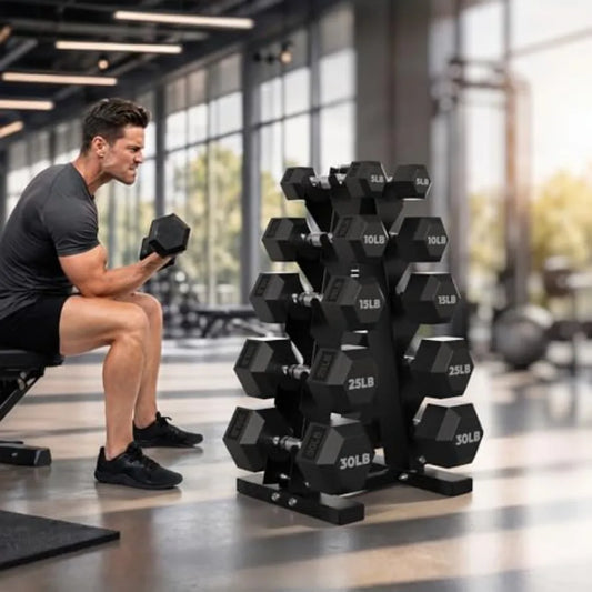 Rubber Coated Hex Dumbbell Set With A Frame Rack 170 Lb