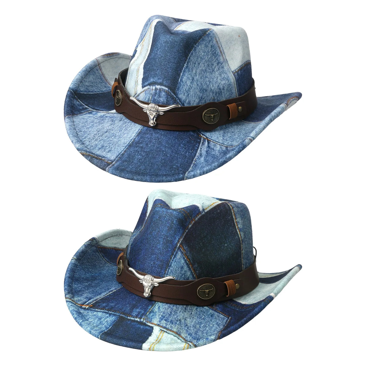 Denim Patchwork Western Cowboy Hat PU Leather Band