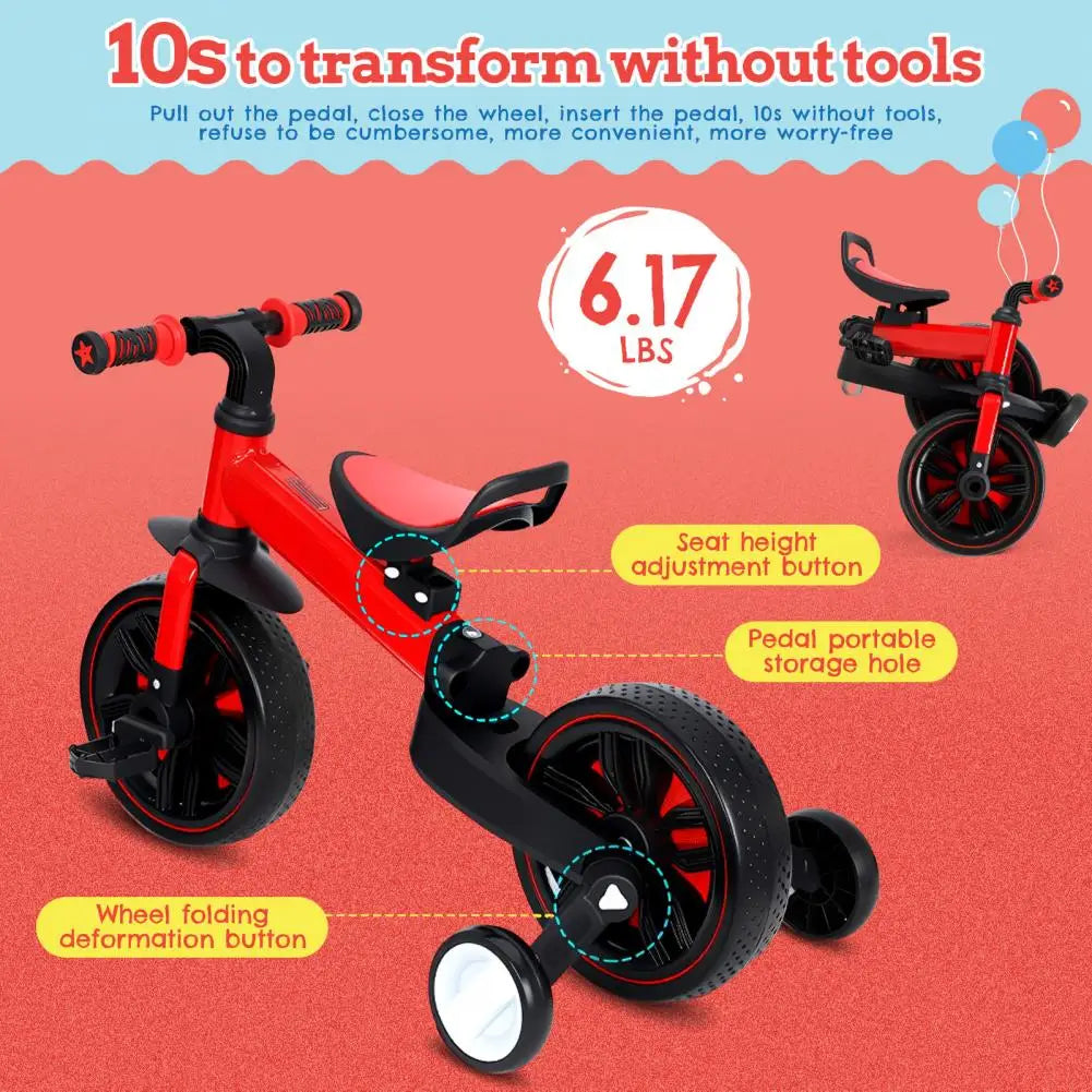 Kids 6 In 1 Folding Balance Bike With Training Wheels