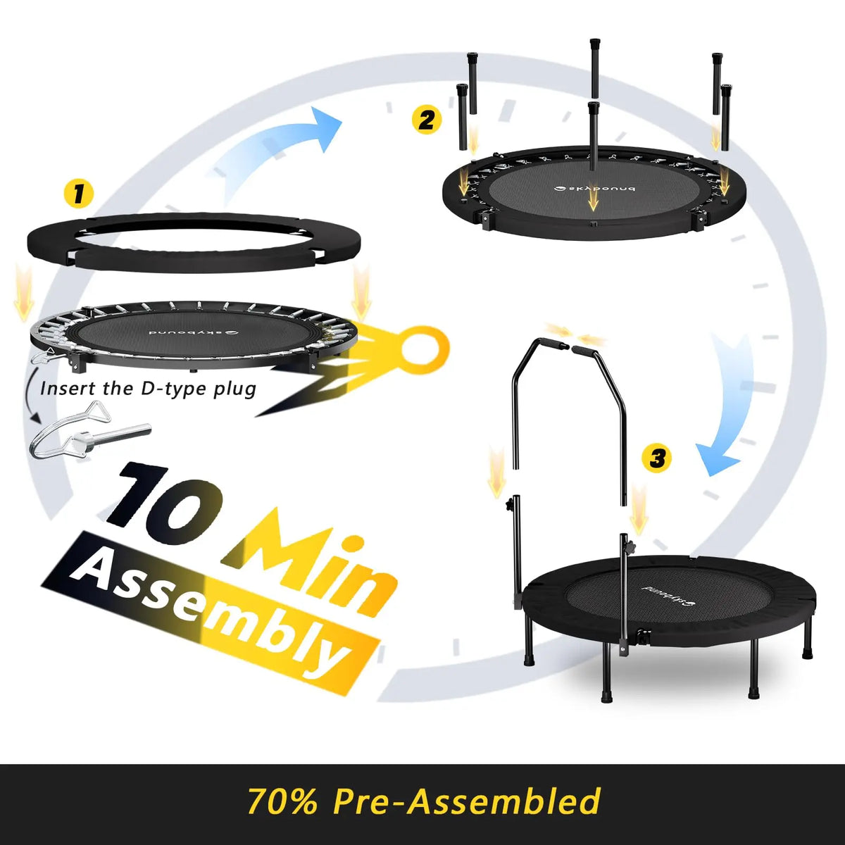 Foldable Rebounder Trampoline for Adults With Adjustable U Bar Handle