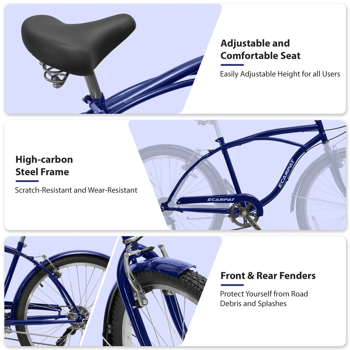 Ecarpat Cruiser Bike for Men and Women, 7-Speed Dual V-Brakes