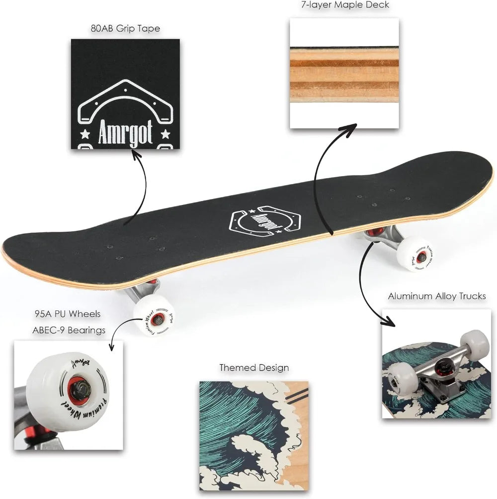 Beginner Complete Skateboard With 7 Ply Maple Deck Double Kick