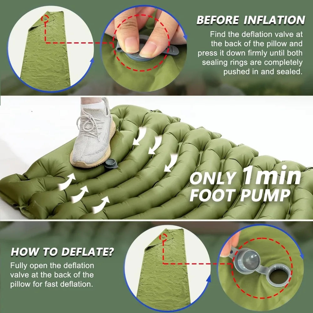 NBVCX Ultralight Inflatable Sleeping Pad With Built In Pillow