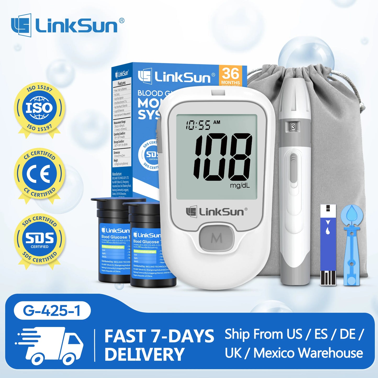 Linksun Blood Glucose Monitor G425 50 Strips Lancing Device