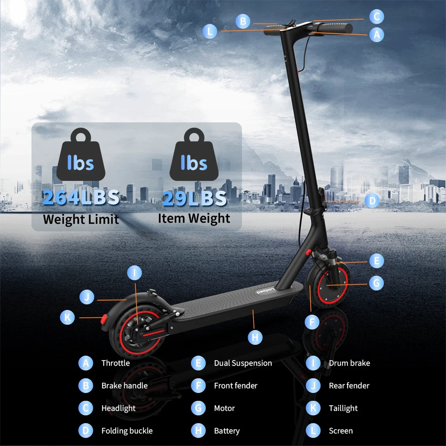 Ladped LP07 Electric Scooter 350W Dual Suspension 23 Mile Range