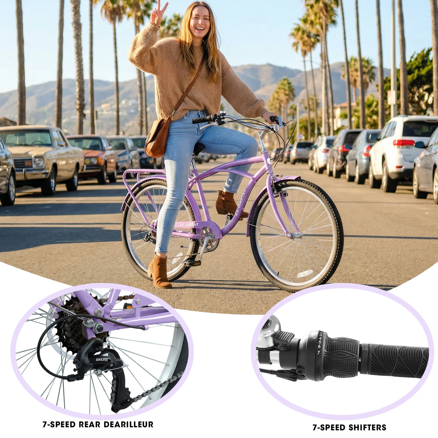 Ecarpat Cruiser Bike for Men and Women, 7-Speed Dual V-Brakes