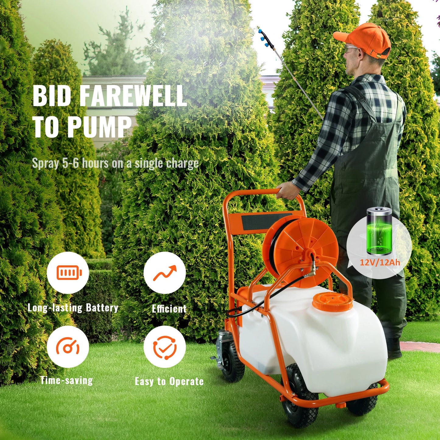 SucceBuy Battery Powered Garden Sprayer With Wheeled Cart Hose