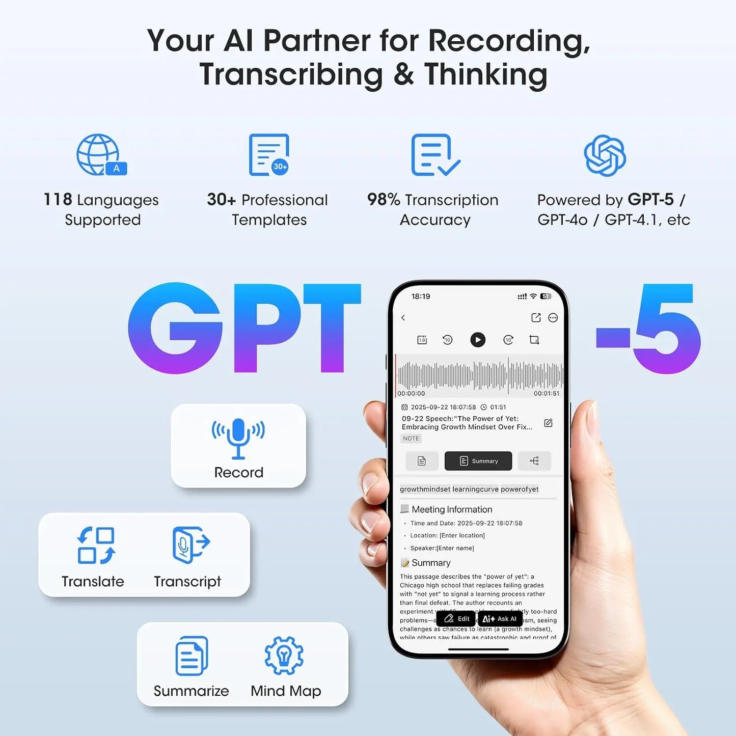 AI Voice Recorder Transcription and Summaries in 118 Languages