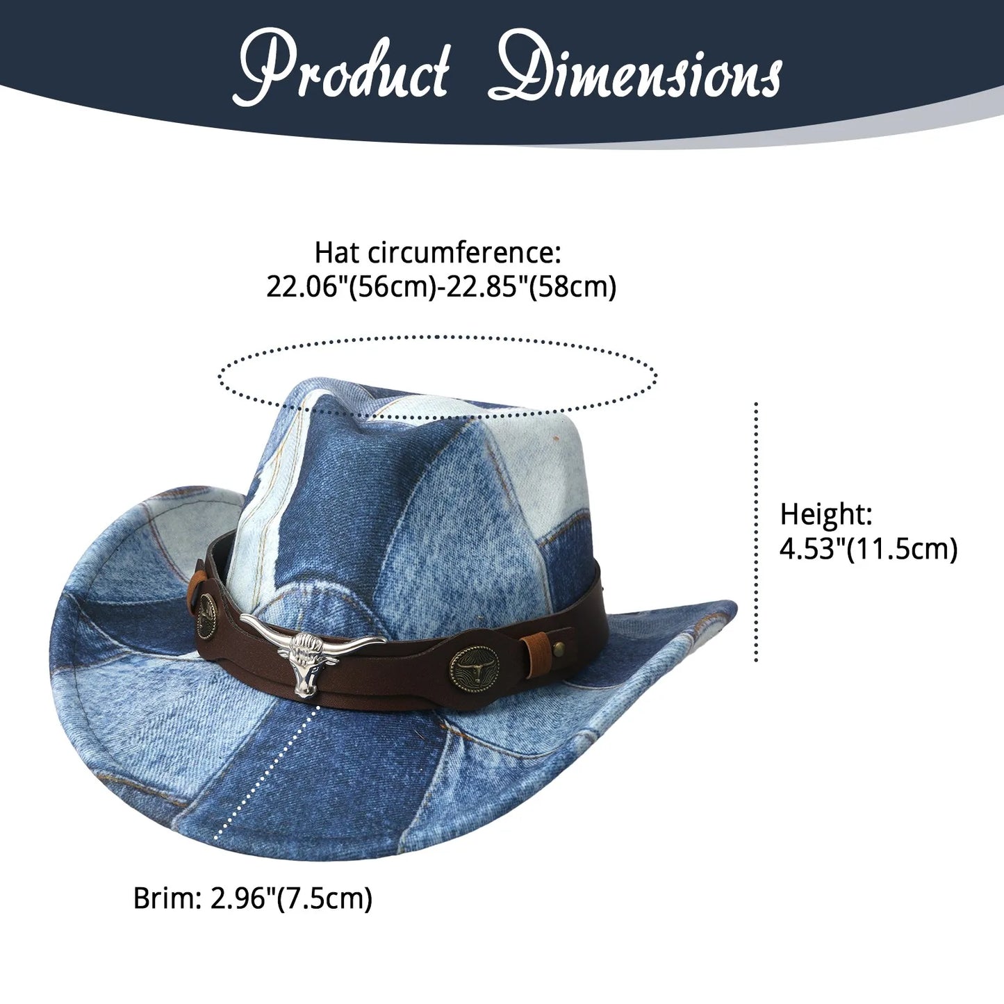 Denim Patchwork Western Cowboy Hat PU Leather Band
