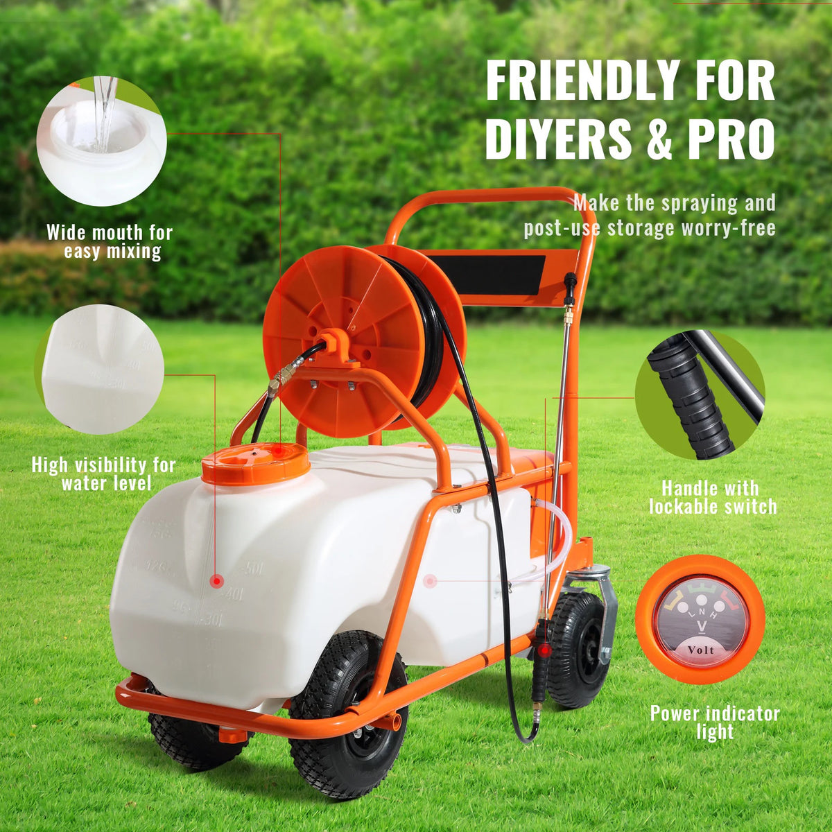 SucceBuy Battery Powered Garden Sprayer With Wheeled Cart Hose
