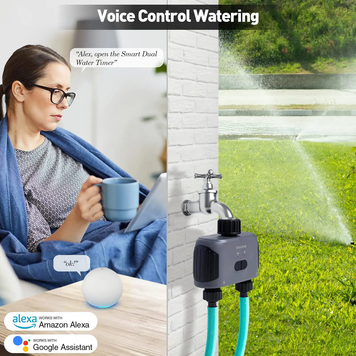 Insoma Zigbee WiFi Water Timer For 2-Outlet Garden Irrigation Alexa