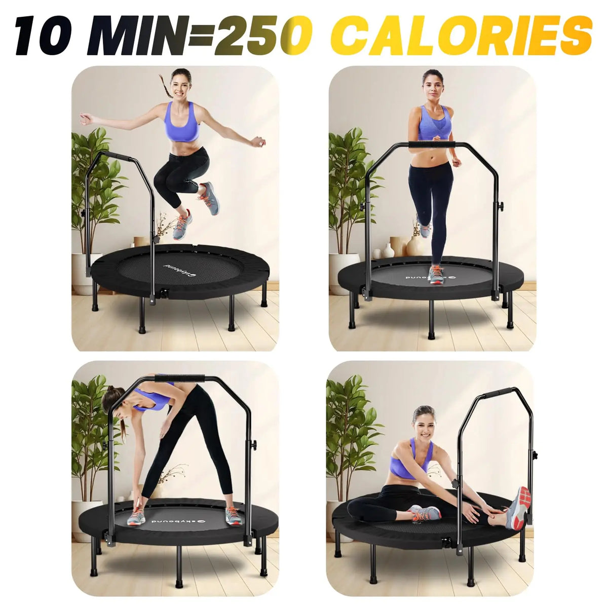 Foldable Rebounder Trampoline for Adults With Adjustable U Bar Handle