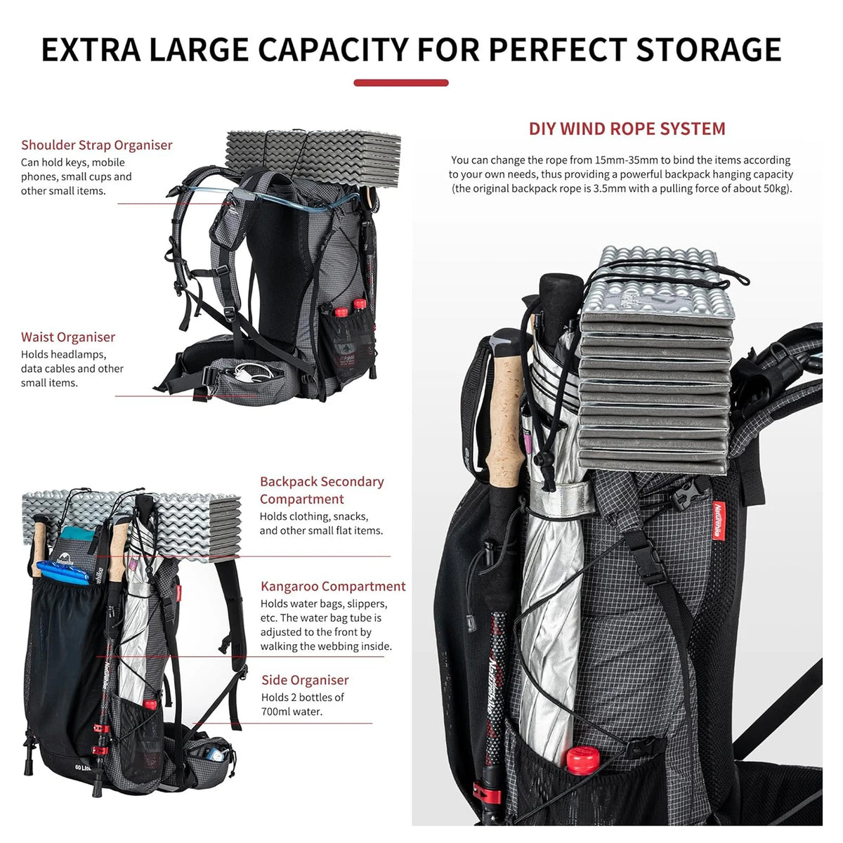 Naturehike 60 Plus 5L Waterproof Mountain Hiking Backpack With Rain Cover