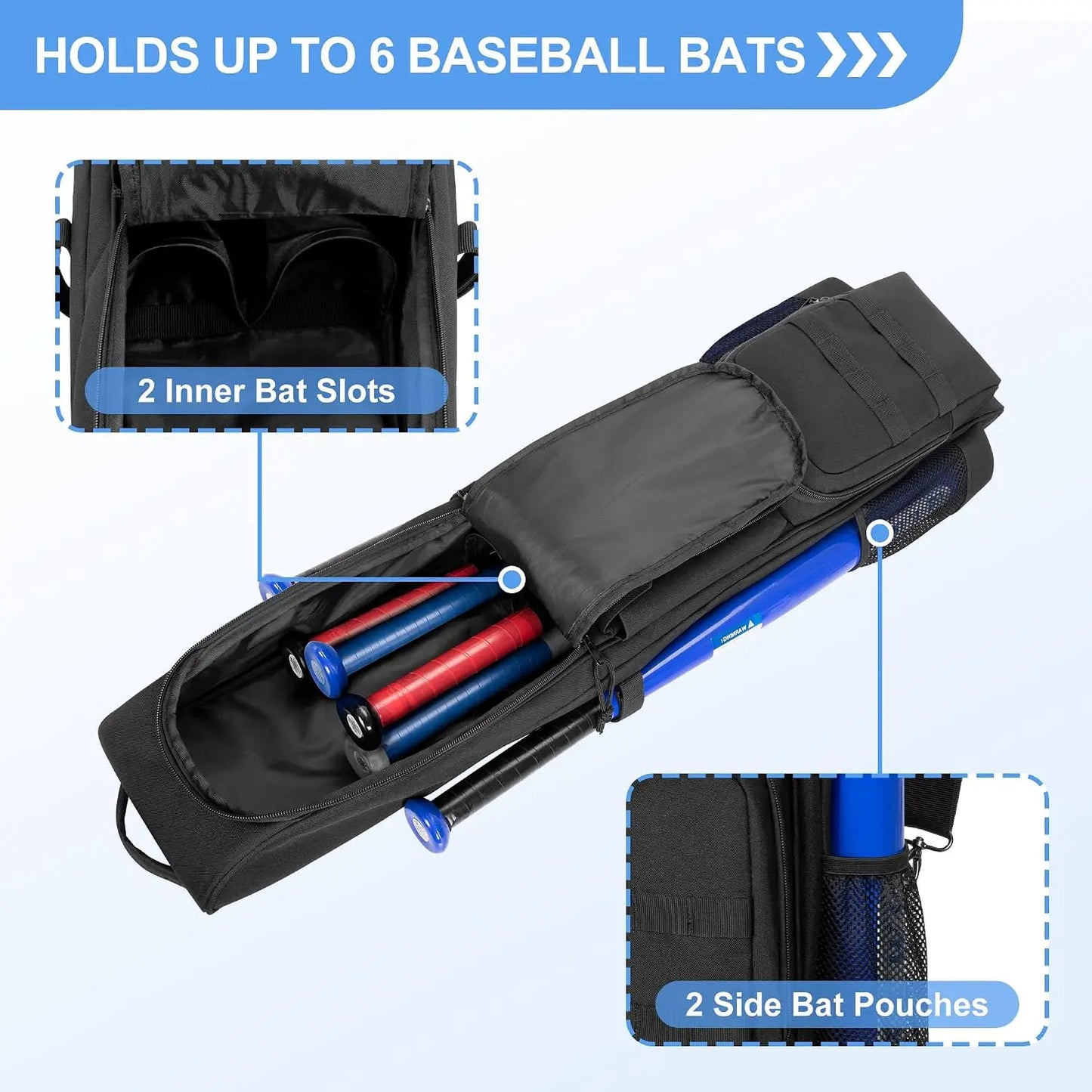 Baseball And Softball Bat Bag For 6 Bats With Pockets