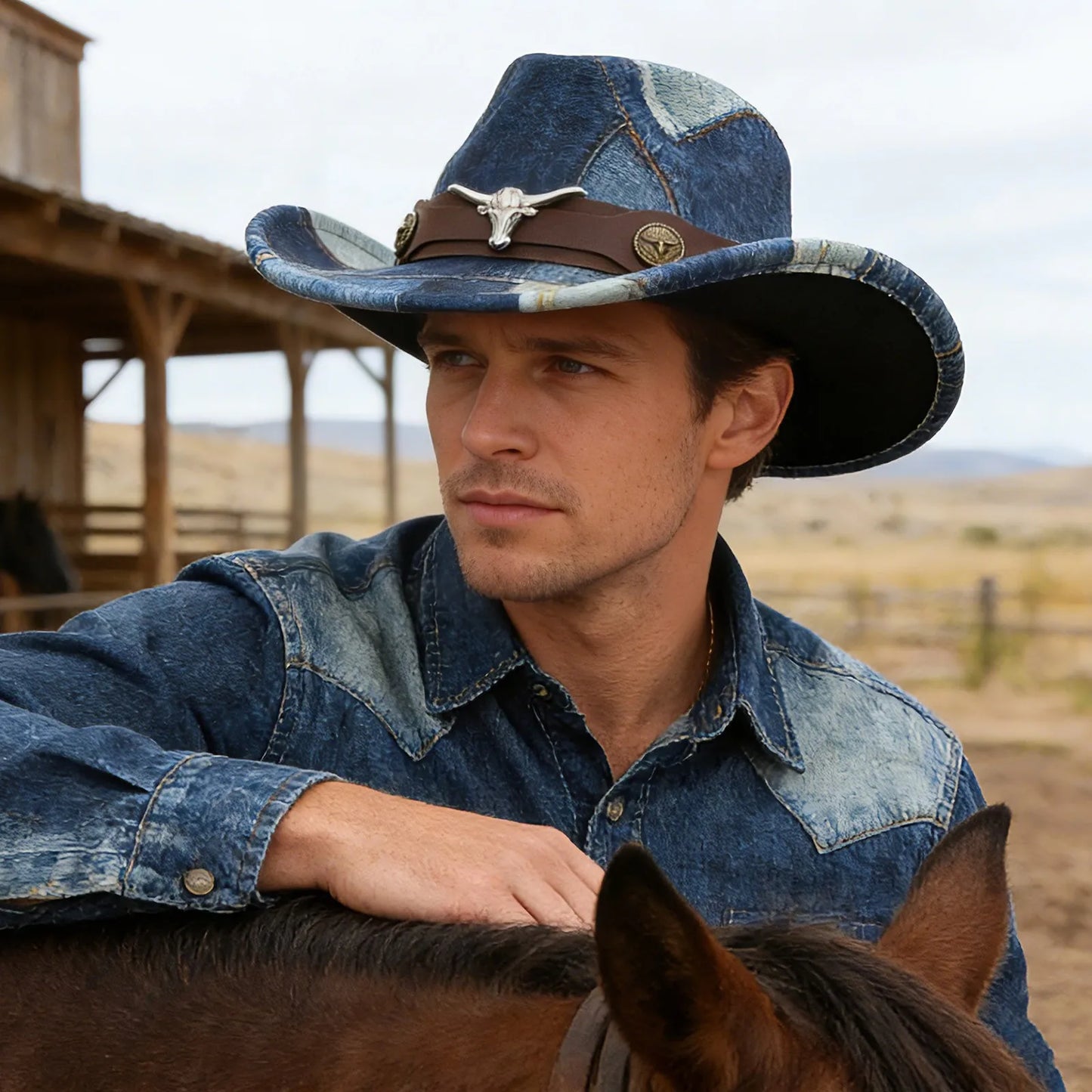 Denim Patchwork Western Cowboy Hat PU Leather Band