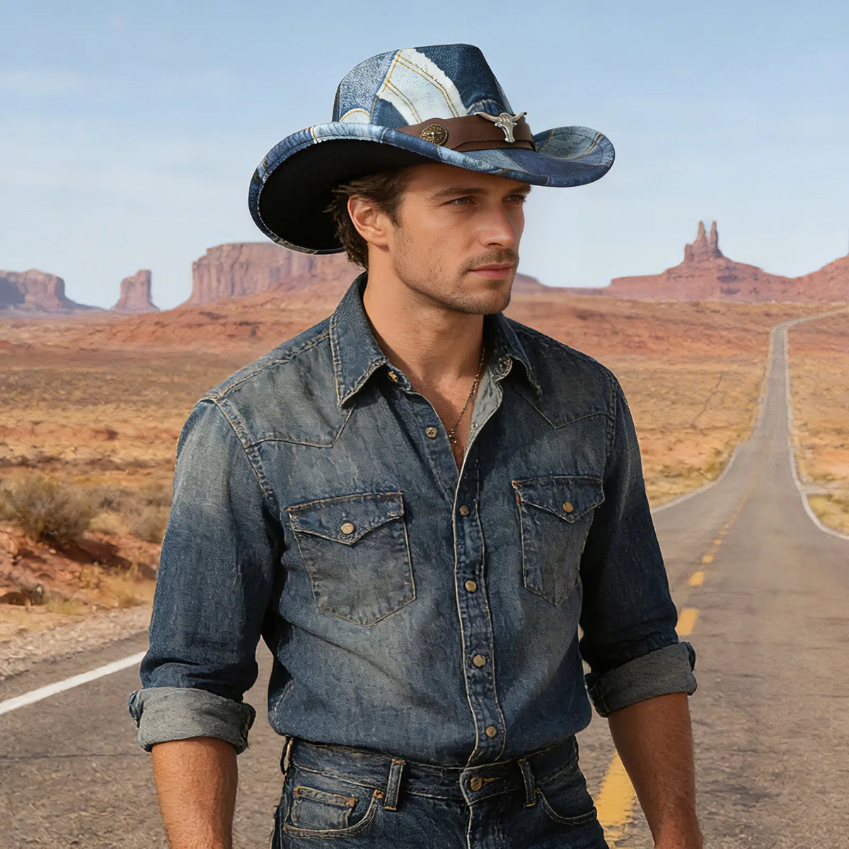 Denim Patchwork Western Cowboy Hat PU Leather Band
