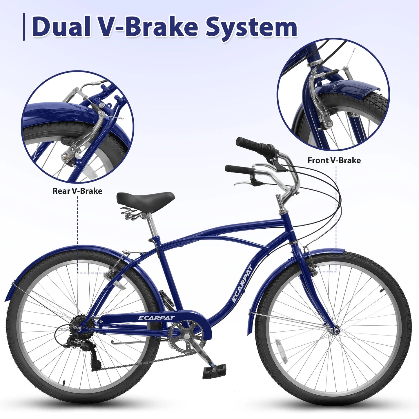 Ecarpat Cruiser Bike for Men and Women, 7-Speed Dual V-Brakes