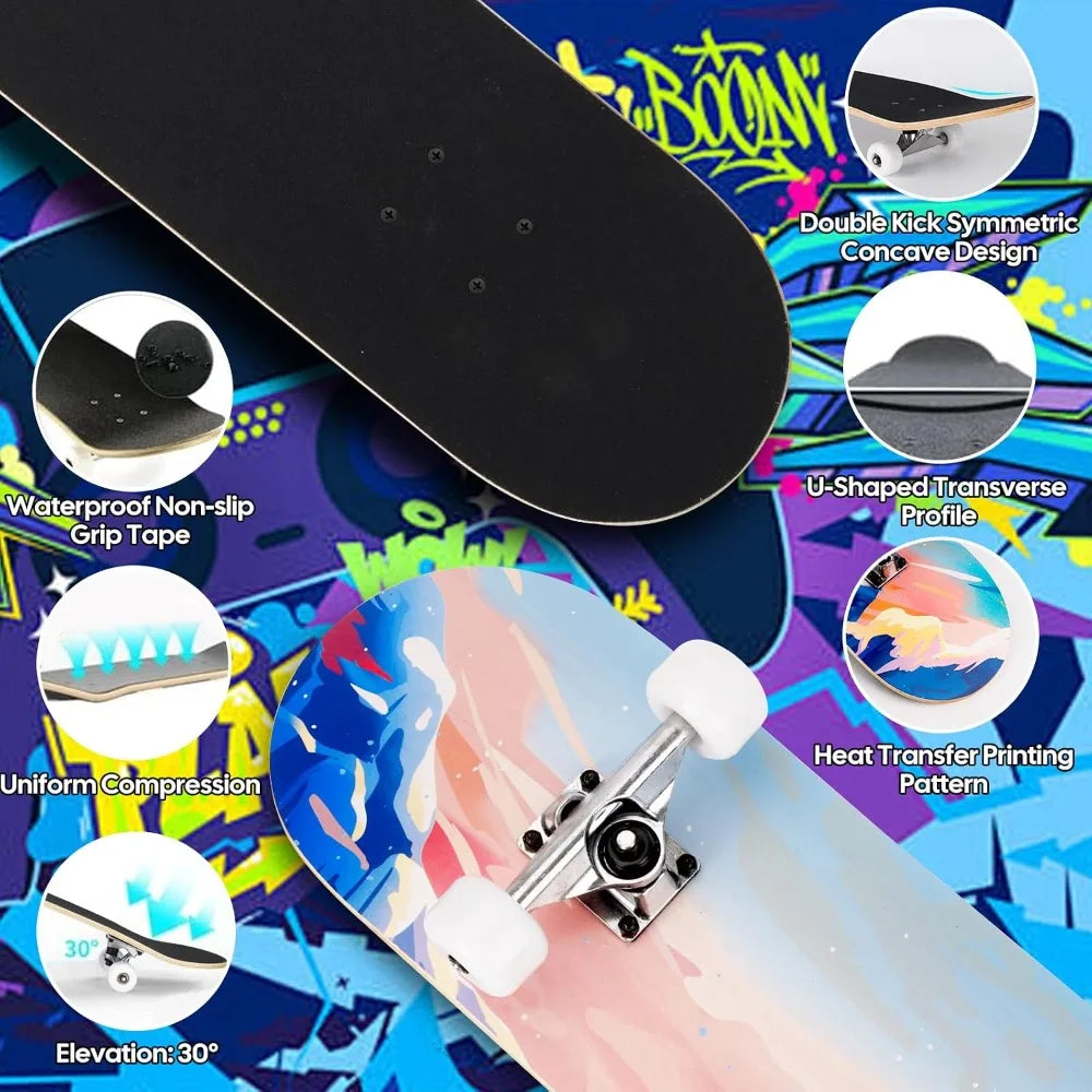 Maple Complete Skateboard For Beginners With Double Kick Concave