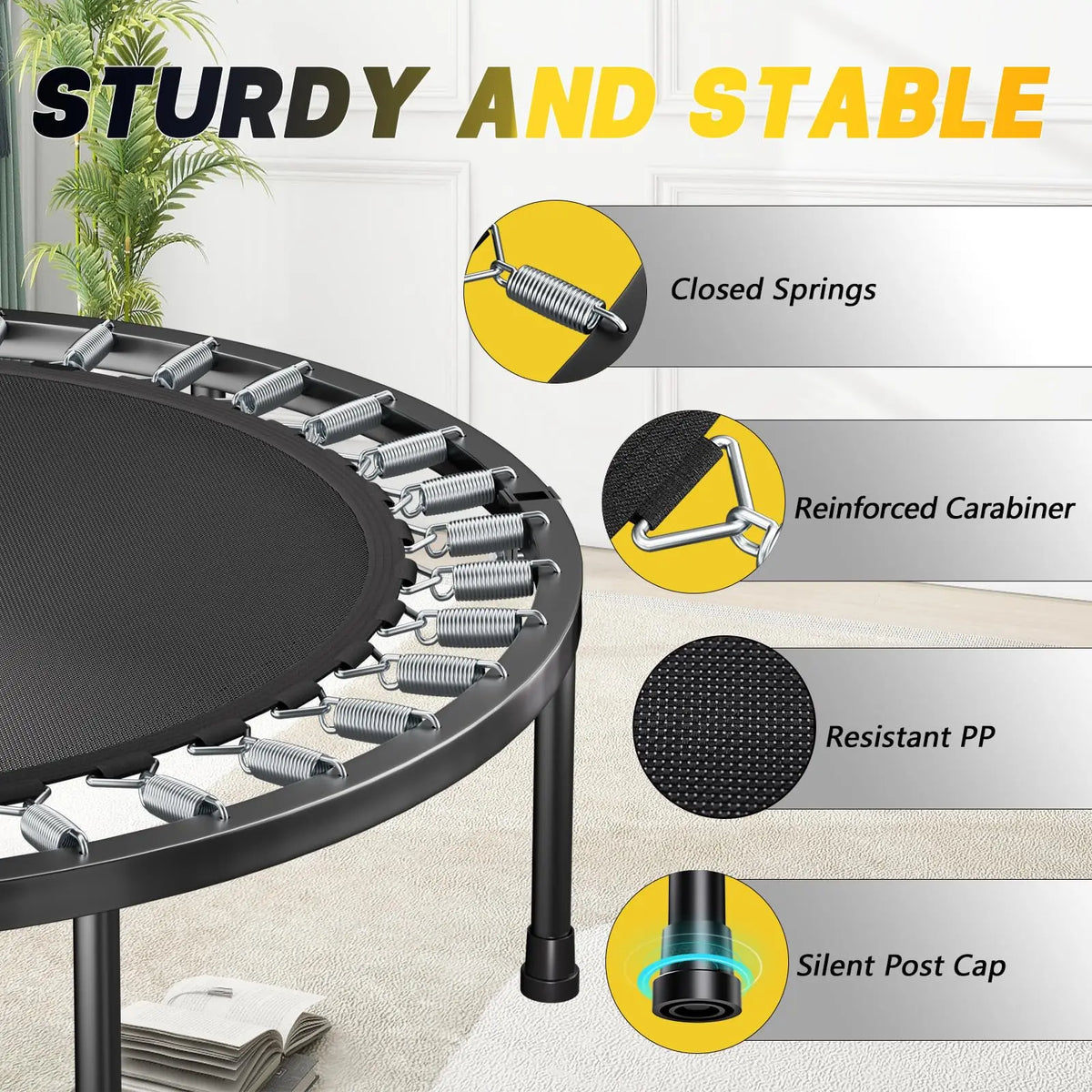 Foldable Rebounder Trampoline for Adults With Adjustable U Bar Handle
