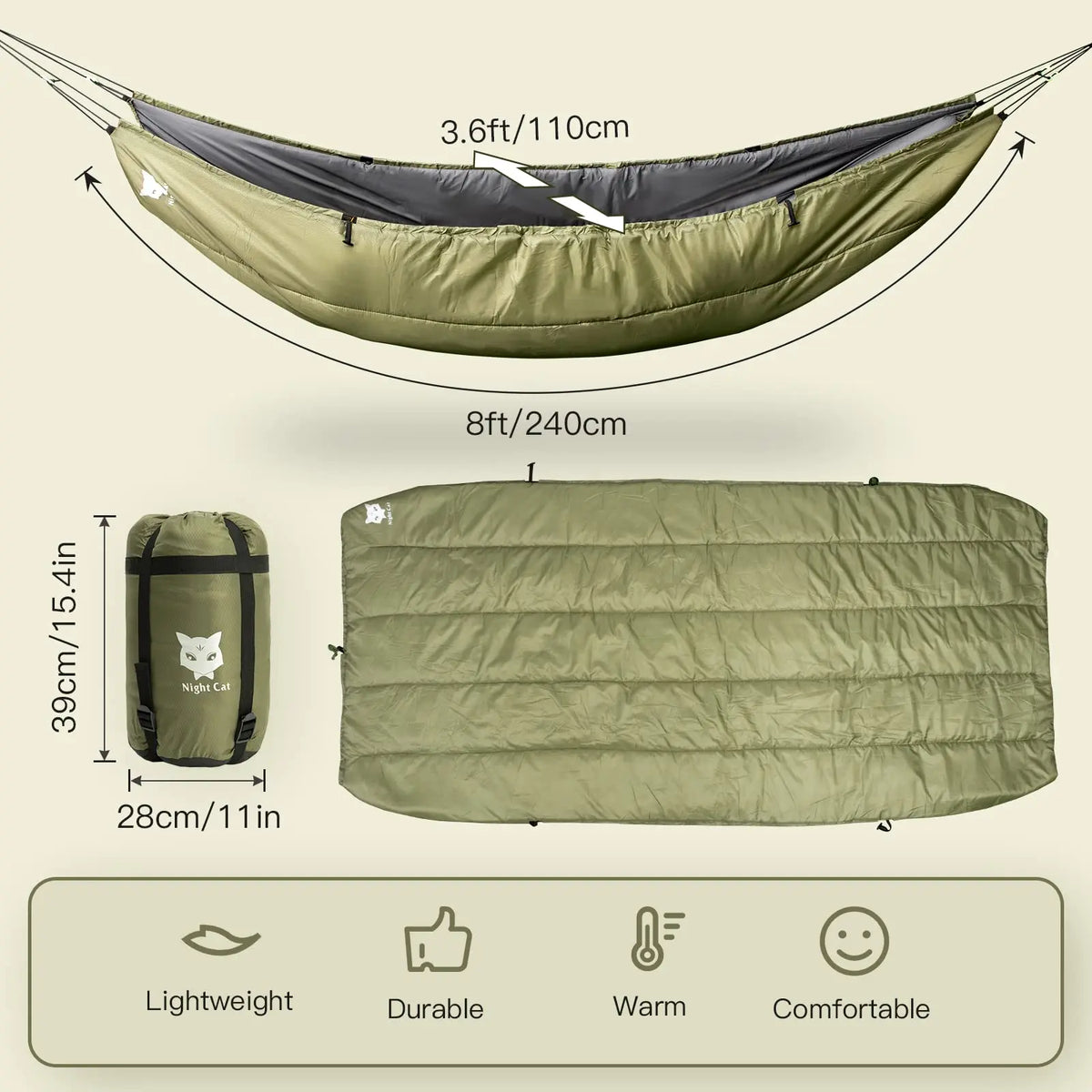 Night Cat Single Insulated Hammock Underquilt Lightweight Sleeping Bag