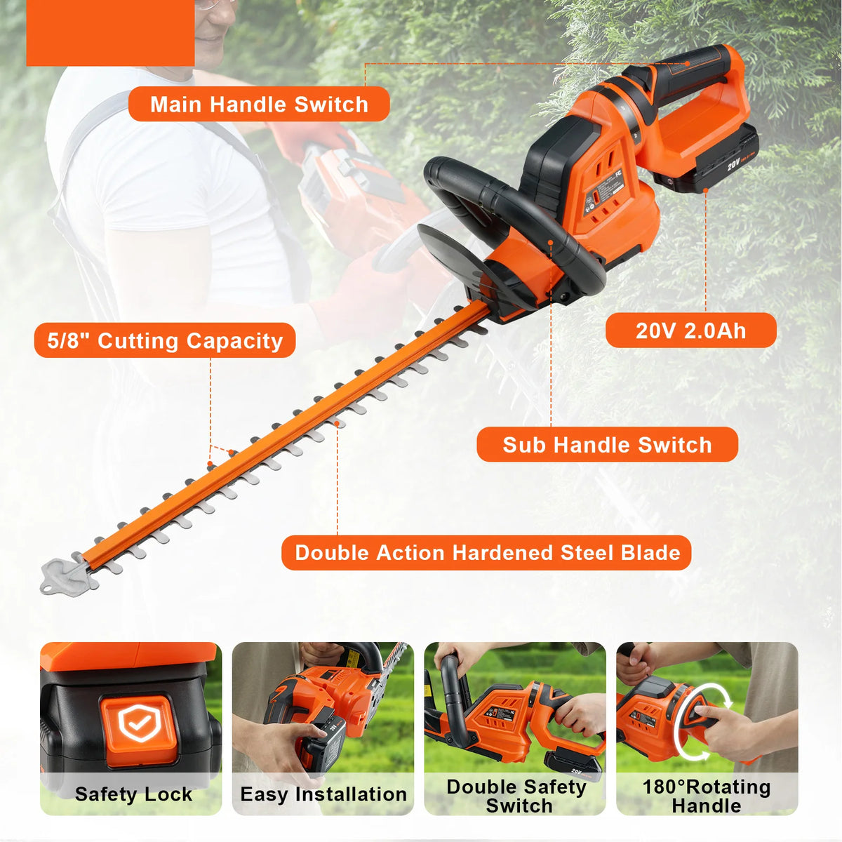 SucceBuy 20V Cordless Hedge Trimmer Kit With Double-Edged Blade