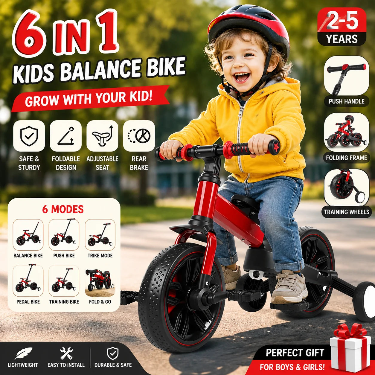 Kids 6 In 1 Folding Balance Bike With Training Wheels